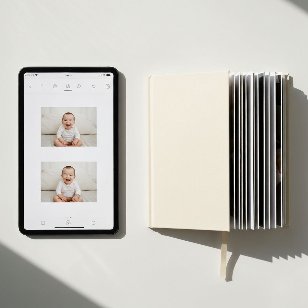Digital tablet showing baby photos next to a physical baby memory book