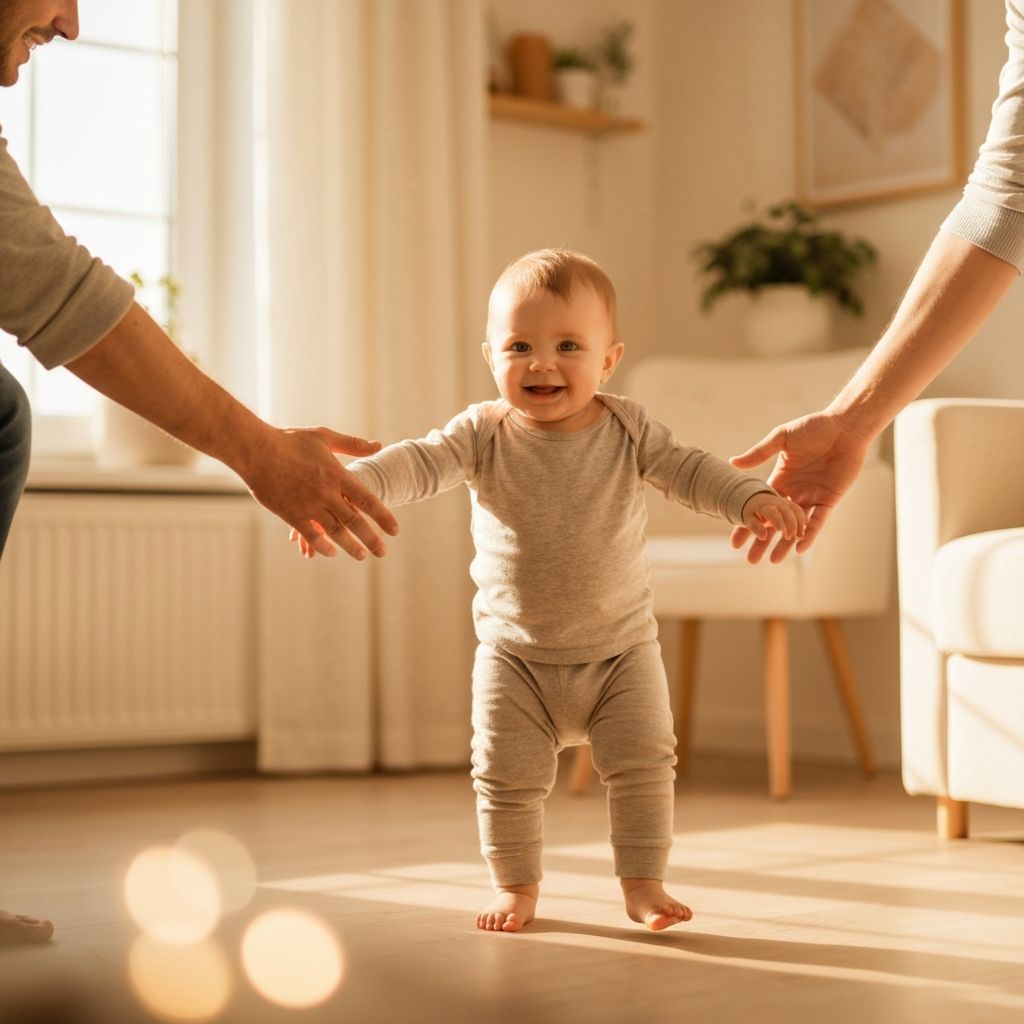 Toddler taking first steps toward parent in warm living room